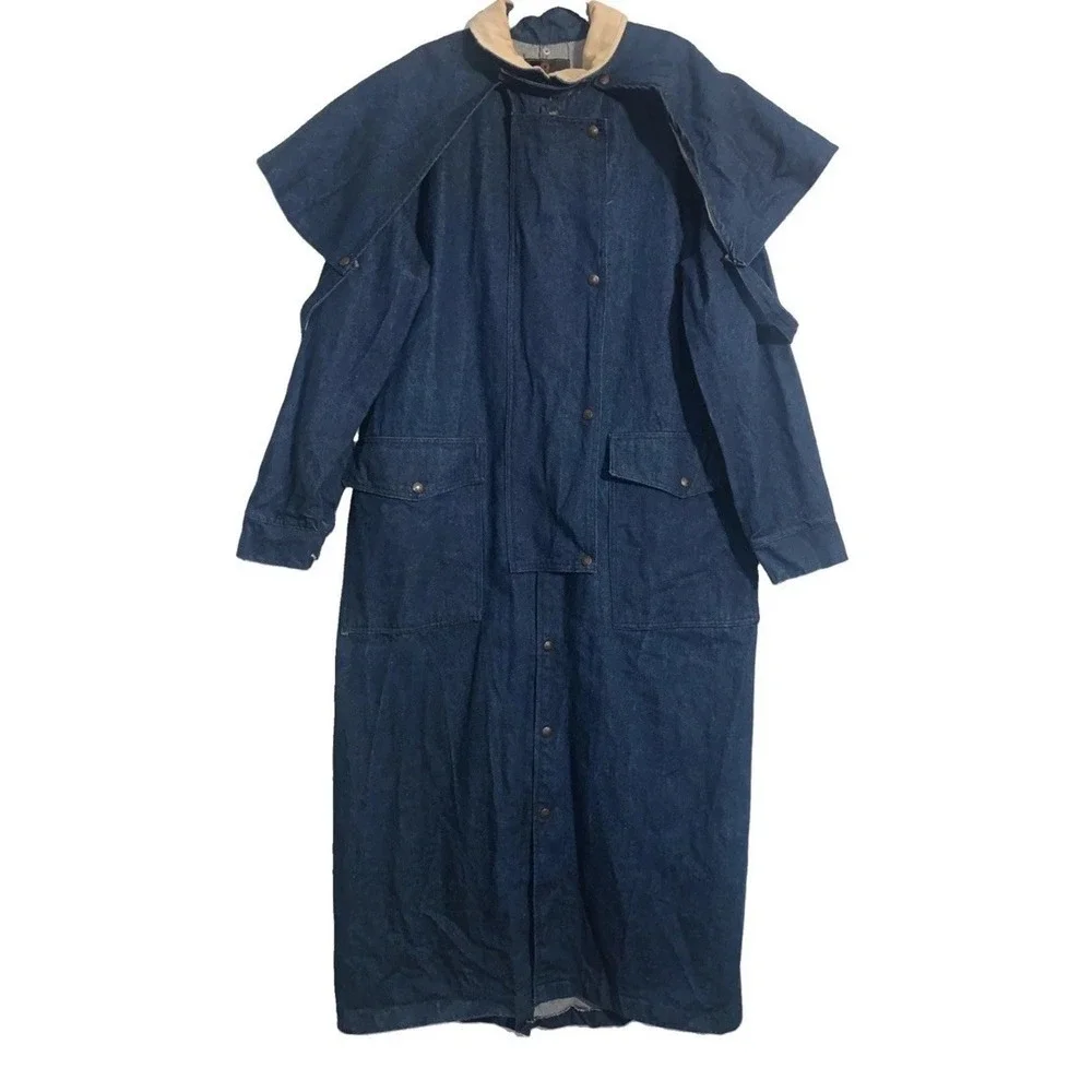 VTG Pro Only By Tex Tan Duster Coat Men L Blue Denim Detachable Cape Snap Cowboy